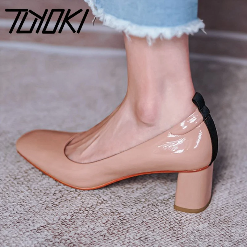 

Tuyoki Women High Heel Shoes Real Patent Leather Mix Color Women Pumps Fashion Square Toe Shoes Women Party Footwear Size 33-40