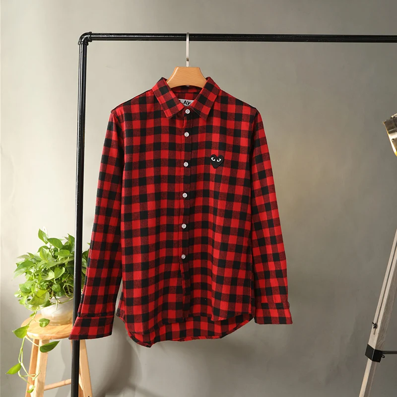 

2021 PLAY Fashion Women's embroidery Pure cotton Checkered shirt long sleeve love heart embroidery casual shirt