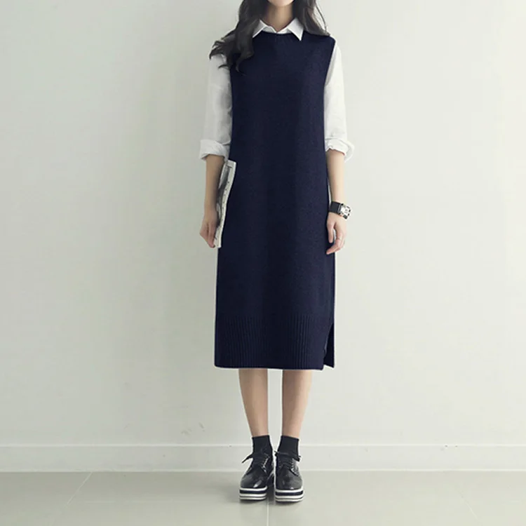 Pullover vest dress New Autumn Winter long Knitted Women Sweaters Sleeveless Warm Sweater Casual Solid Vestido with belt | Женская
