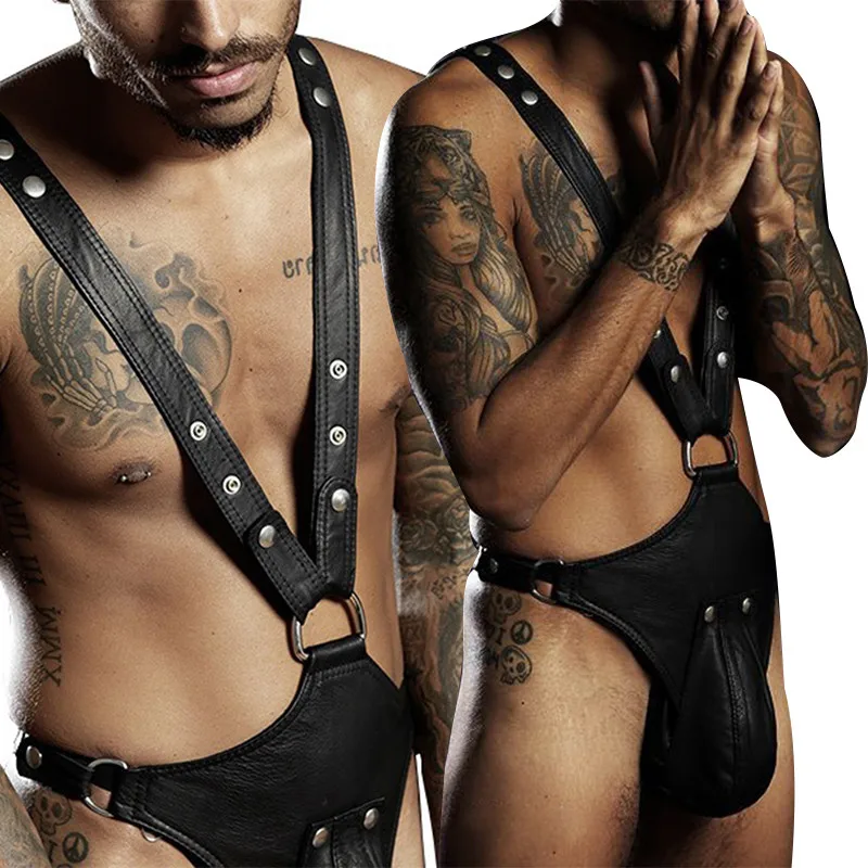 

Sexy Men Underwear Sleeveless Open Crotch Lacquer Faux Leather Zipper Bodysuit Shorts Tight-Fitting PU Jumpsuit Shapers Leotard