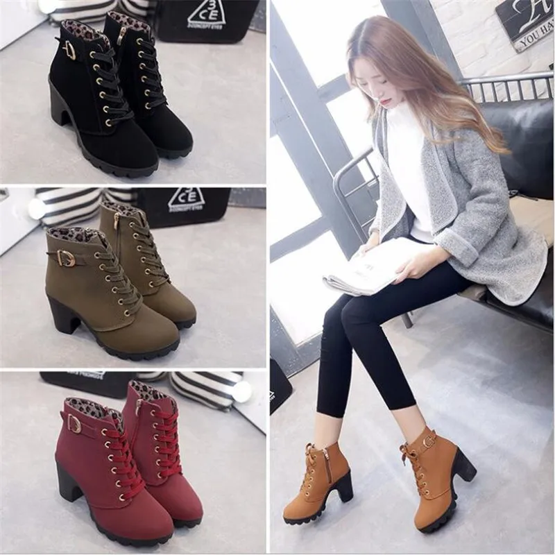 

Thick heeled short boots Martin boots women's lace round toe women's boots frosted thick high-heeled short boots