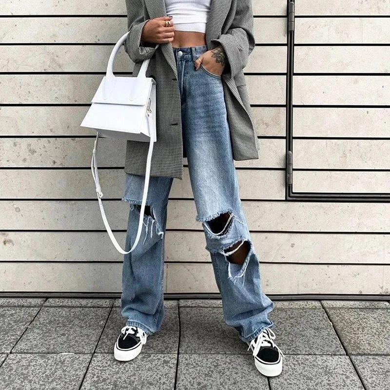 

Women Retro Ripped Jeans High Waist Solid Color Baggy Trousers Fashion Wide Leg Straight Denim Pants Y2K 90s Streetwear