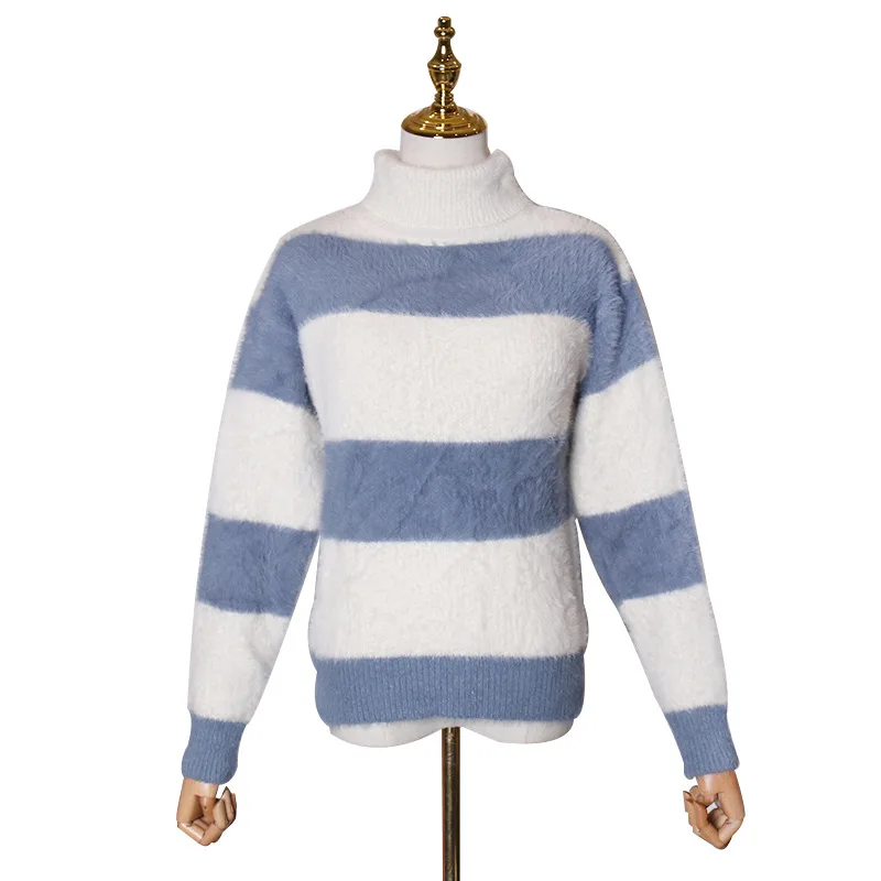 

Striped contrast women's sweater early loose size high waist long sleeve sweater blouse