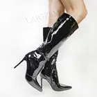 LAIGZEMженские сапоги до колена; Сапоги из искусственной блестящей кожи на молнии на шпильке; Tacco Alto; Женская обувь; Botines Mujer; Размеры 44, 45, 46, 47