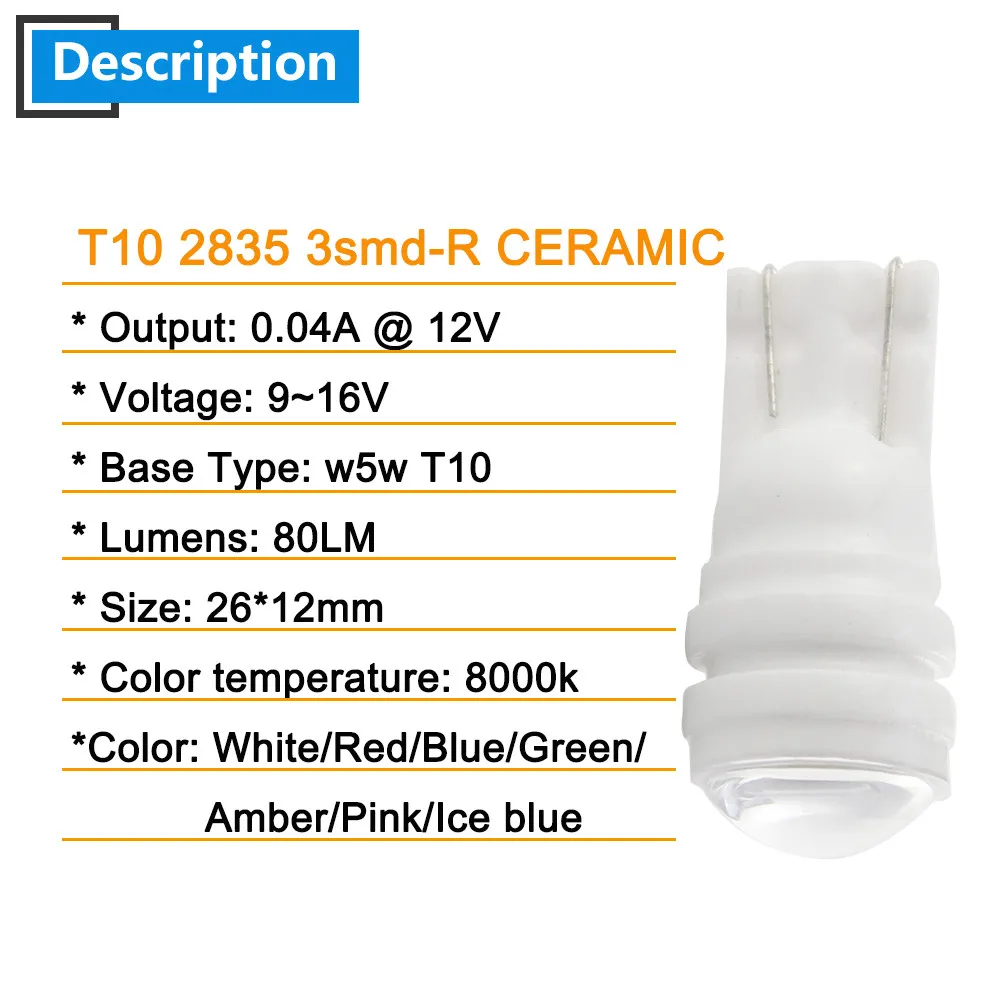 10 шт. w5w T10 керамическая 3 SMD 2835 светильник Лампа 194 501 базовый керамический сигнал