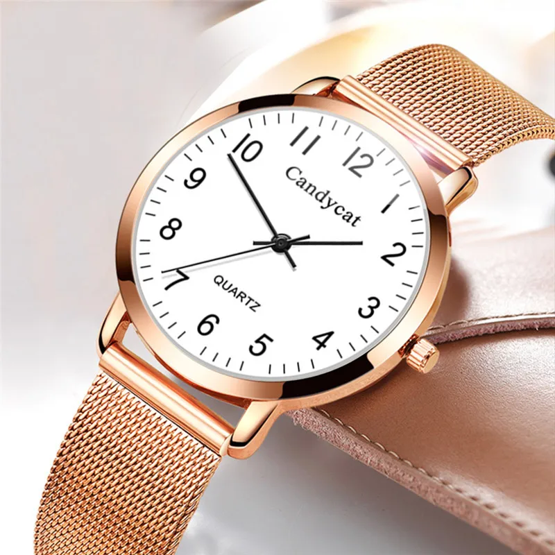 Модные женские часы из розового золота с сетчатым ремешком Роскошные Кварцевые