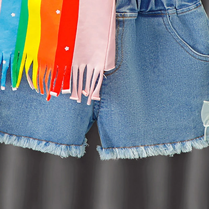 

Melario New Kids Girls Casual Clothing Sets Fashion Cartoon Rainbow T-Shirt Denim Shorts Outfits Baby Cute Girl Clothes Outfits