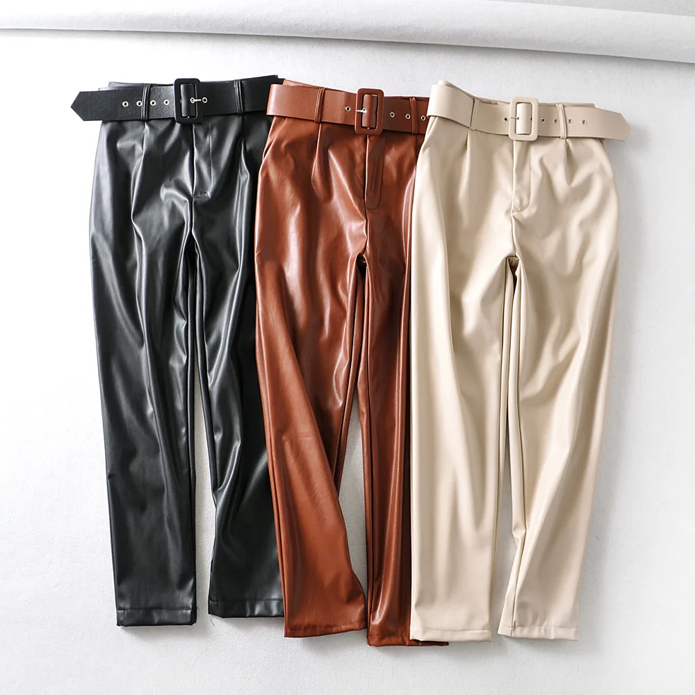 

PU Leather High Waisted Pants Women Fashion Loose Faux Leather Trousers Women Elegant Pockets Pants Female Ladies 3 Color Beige