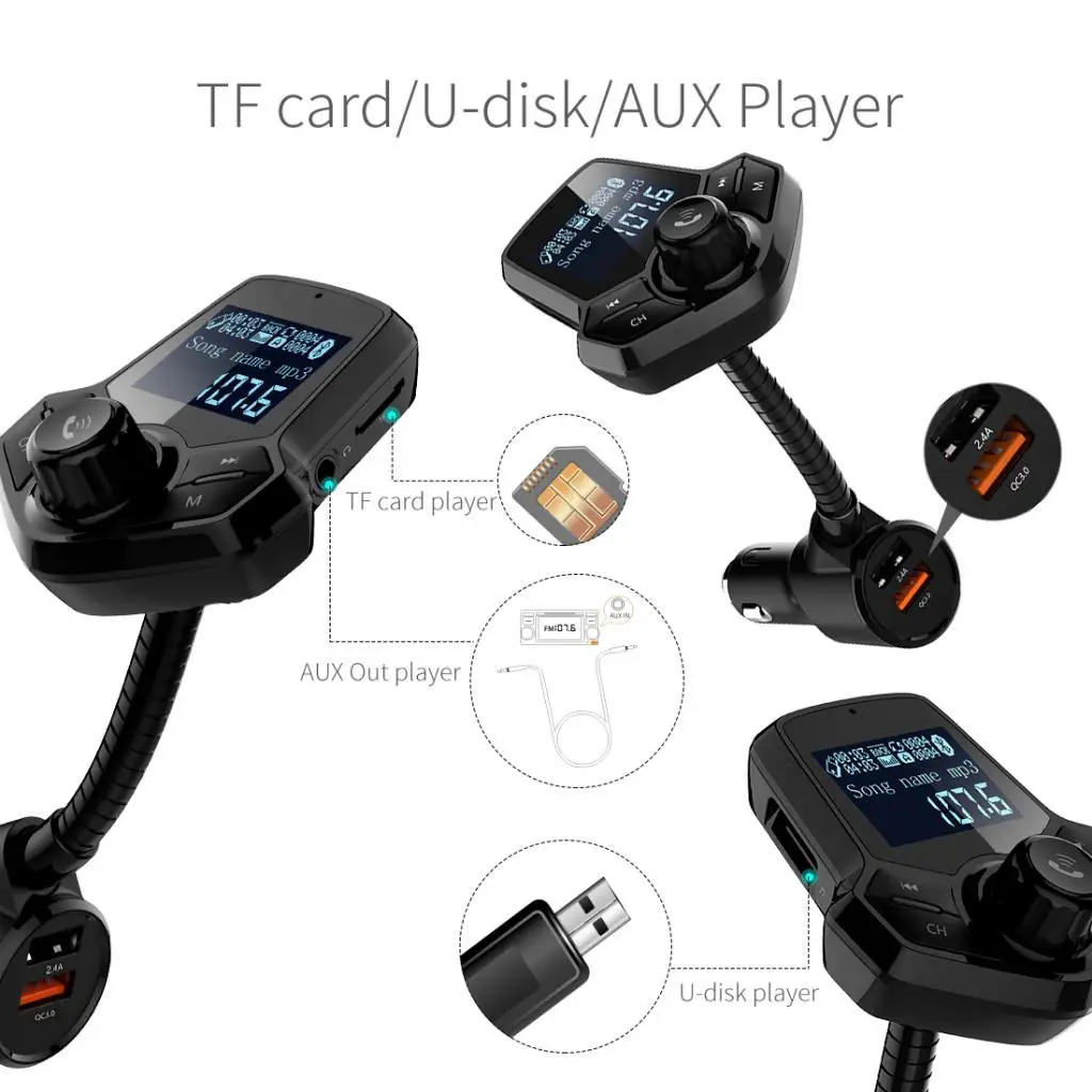 

Беспроводной Bluetooth FM-передатчик автомобильный музыкальный плеер Dual QC 3,0 2xUSB зарядное устройство