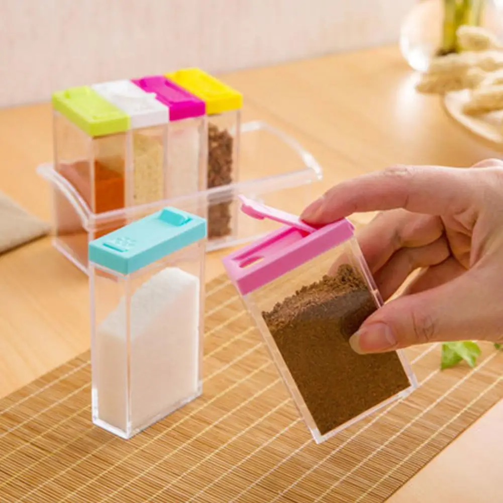 

6Pcs/Set Seasoning Box with Tray Condiment Storage Plastic Moisture-Proof Salt Jar for Kitchen