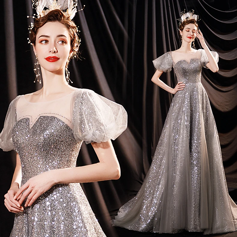 

Flare Sleeve Silver Bridesmaid Shinny Sequins Evening Dresses Long Luxury Floor Length Dress for Women