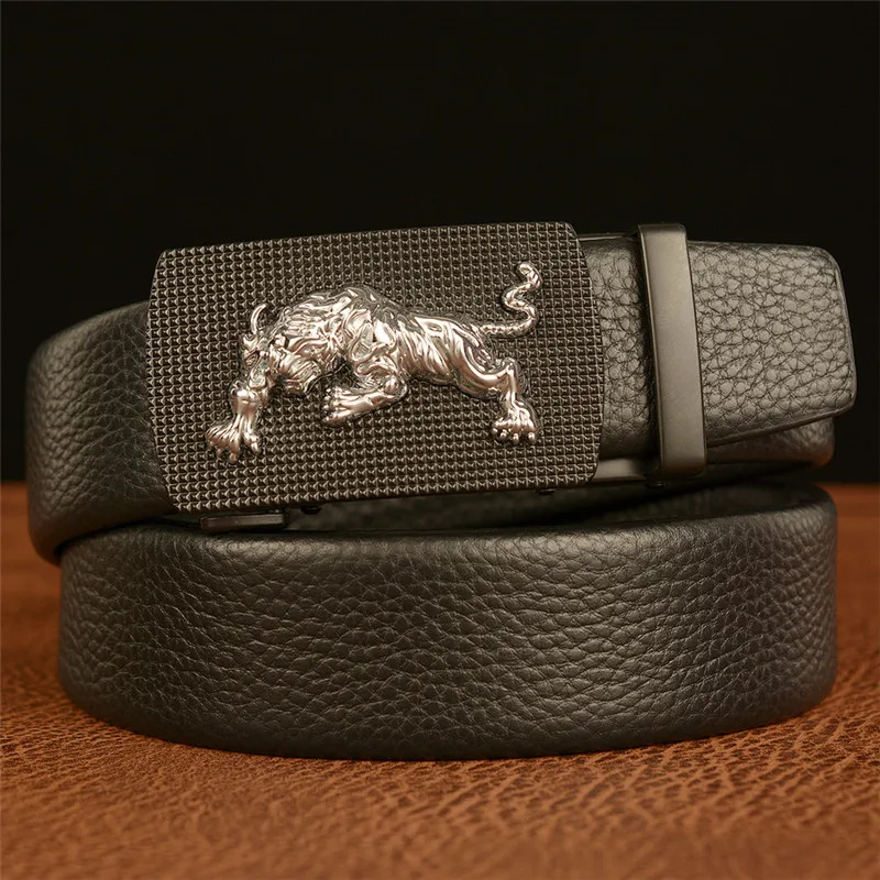 

Mens Belts Genuine Leather Two-layer Cowhide 3D Tiger Fashion Automatic Buckle Lychee Pattern Casual Belt Strap Belt For Male