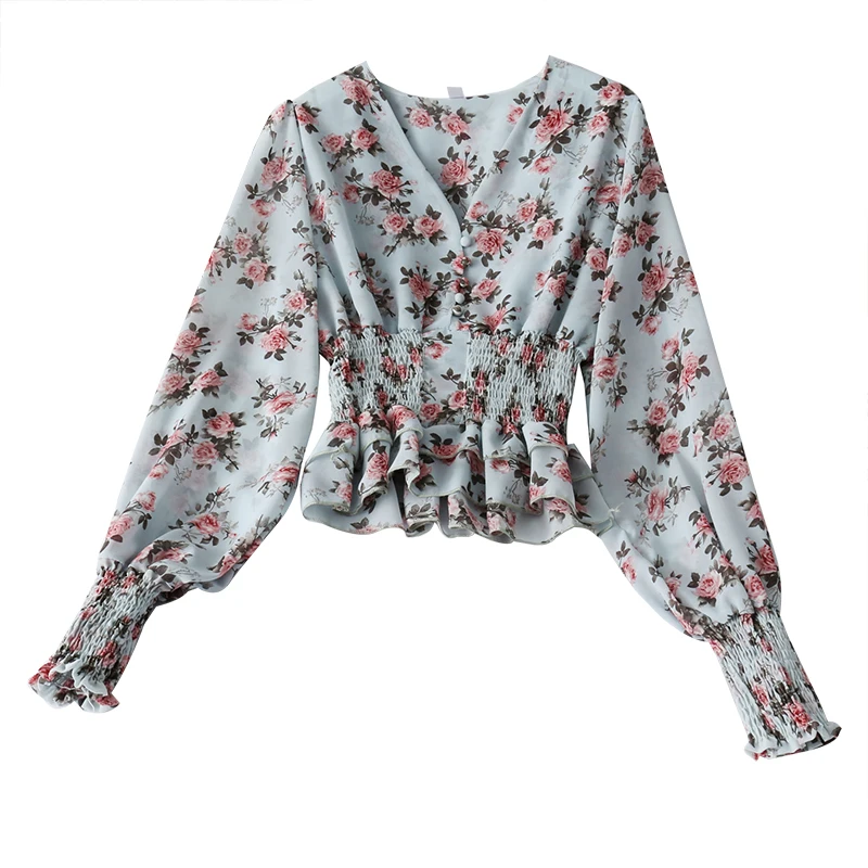Summer Women Fashion V-neck Lantern Sleeve Tops Ruffles Shirts Sexy Ladies Sweet Retro Floral Chiffon Blouses Top Streetwear