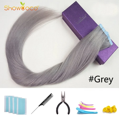 Color Grey ShowCoco ленты в режиме реального Пряди человеческих волос для наращивания Реми Невидимый Двусторонняя голубая лента темно-Цвета натуральная расширение для тонких волос - Цвет: Color Grey