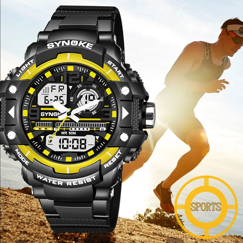 

SKNOKE Men's Quartz Watch 50M Waterproof Digital Wristwatch Top Sports Watches 2 Time High Quality Plastic Strap relojes hombre