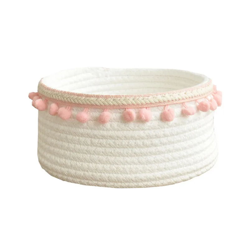 

Nordic Style Cotton Rope Storage Baskets with Pompom Handmade Woven Foldable Desktop Sundries Organizer Hamper