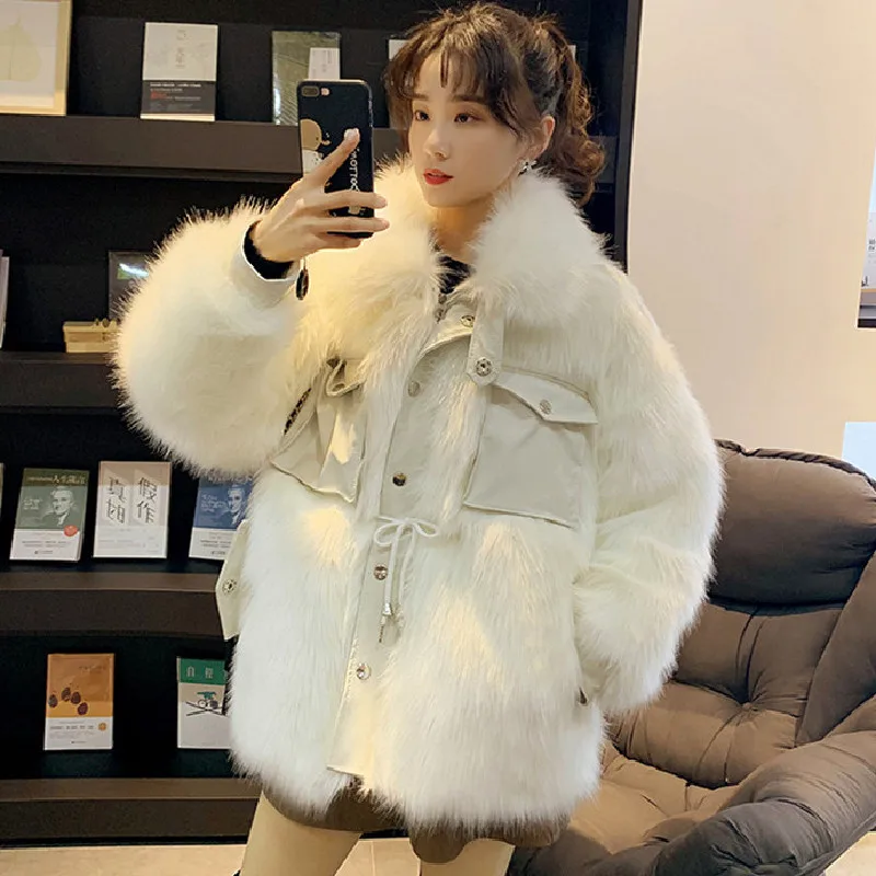 

Женское зимнее пальто из лисьего меха, белое плотное теплое пальто из искусственной кожи