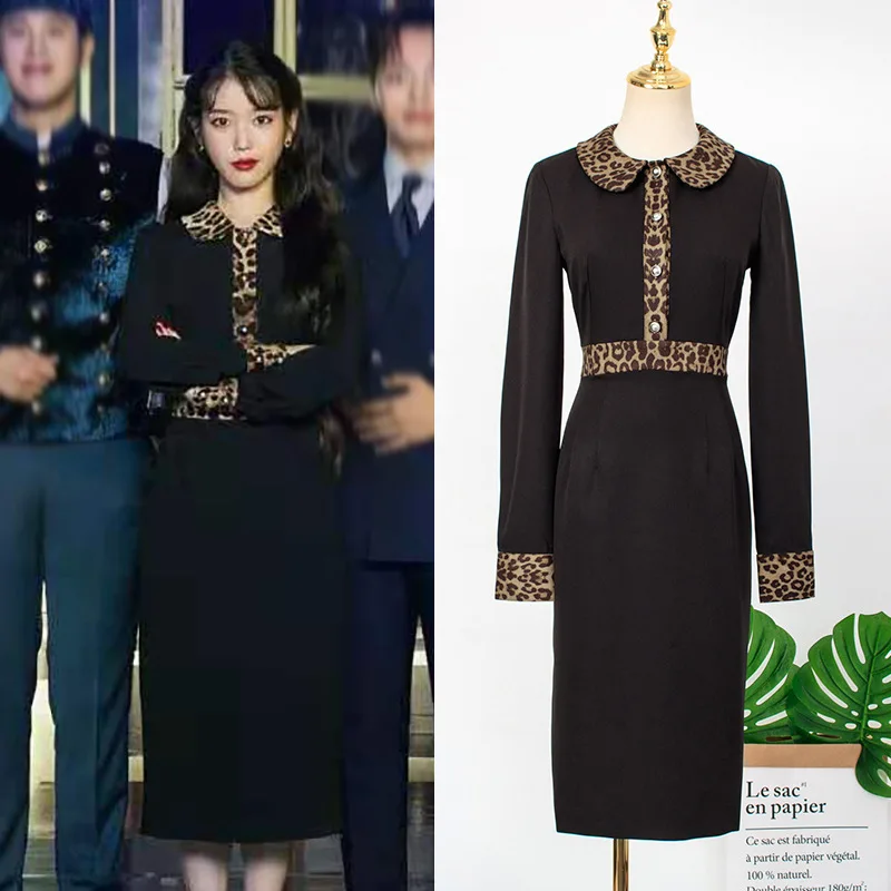 

KPOP IU Lee Ji Eun autumn new Leopard Doll Collar Splice Long Sleeve dress women party temperament slim Black Mid-length Dresses