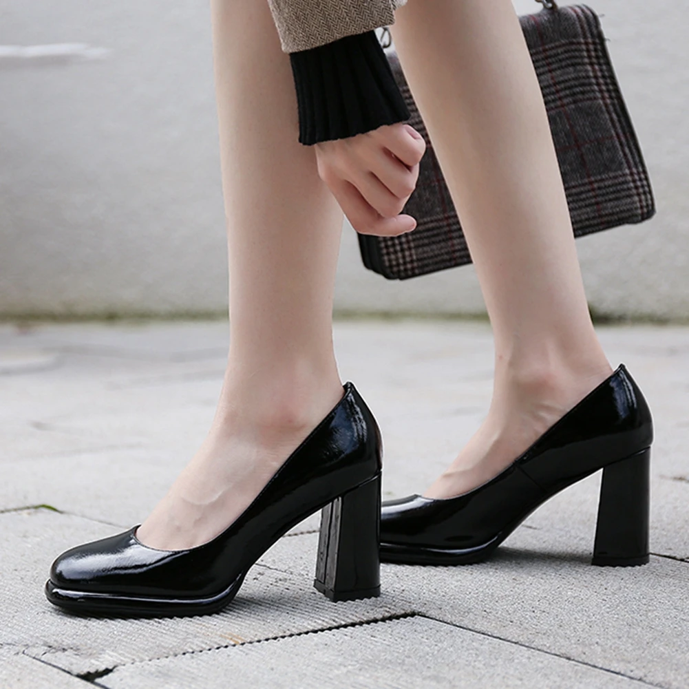 

RIBETRINI Genuine Leather Brand Comfy Female Roud Toe Slip On High Heels Shoes Women Pumps Black Office Casual Pumps