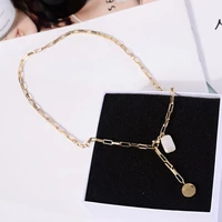 titanium with 18k gold long chains real pearl necklace women stainless steel jewelry designer t show runway gown rare ins japan