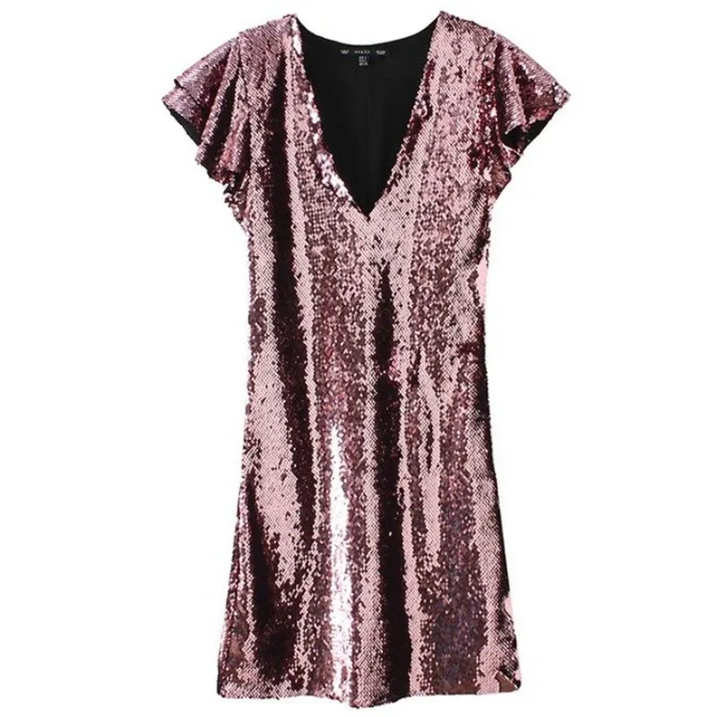 Элегантное Сверкающее розовое платье с блестками и рюшами сексуальное