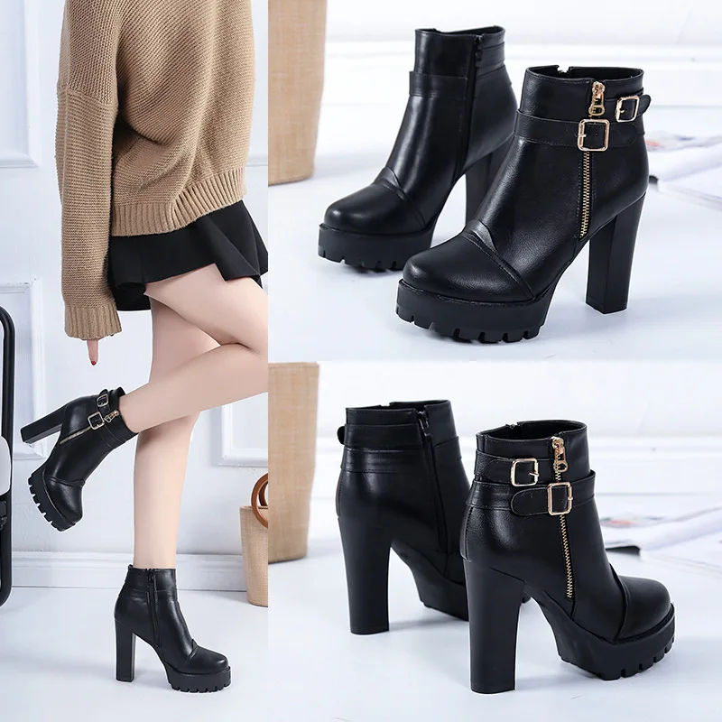 

2021 New Women Zipper Plush Ankle Boots Winter Warm High Heels Ladies Fashion Round Toe Casual Boots Belt Buckle Decoration