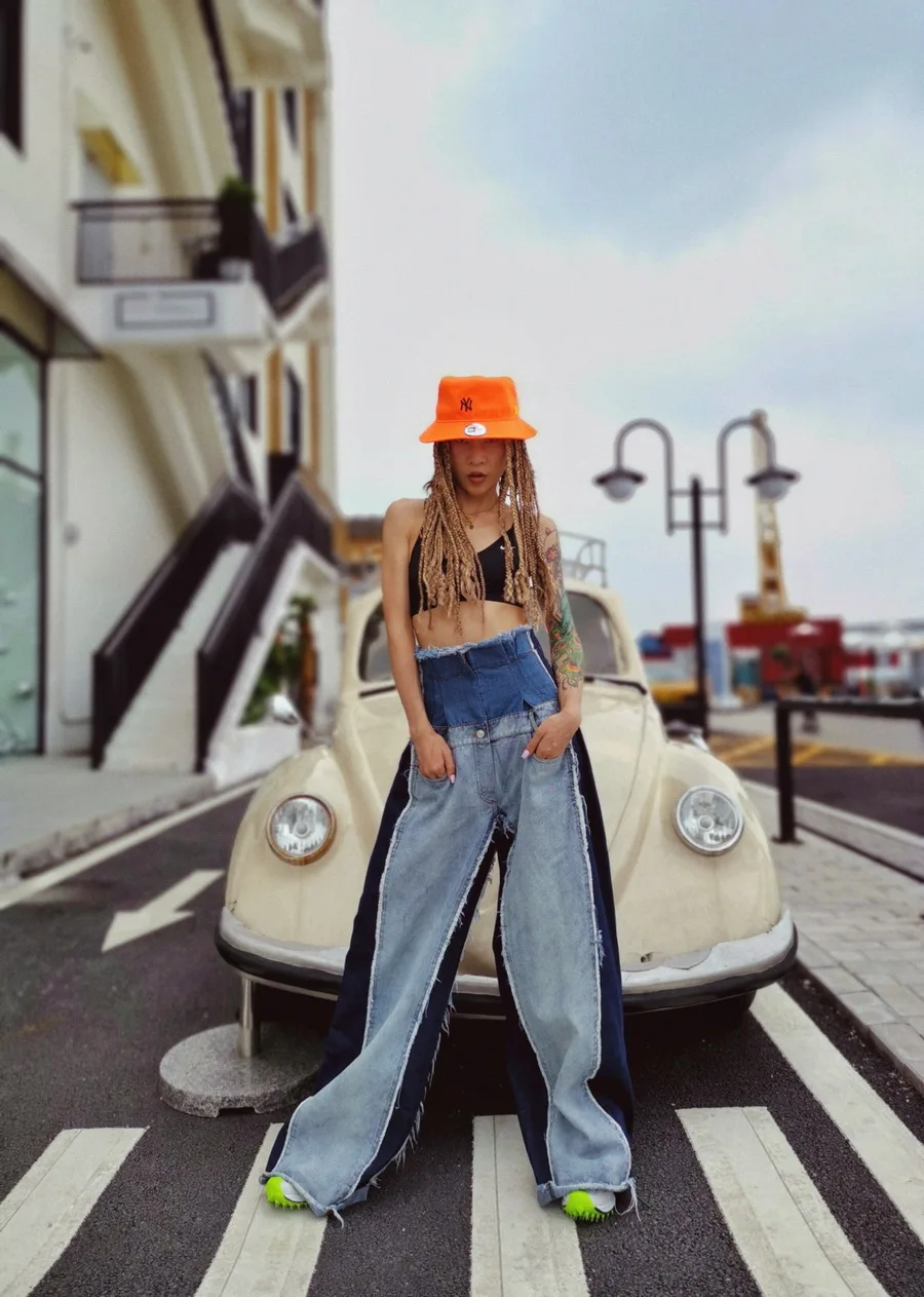L77streetCowboy контрастный цвет строчка широкие брюки женские брюки с высокой талией Талия drop Wose Wild красивый пол брюки