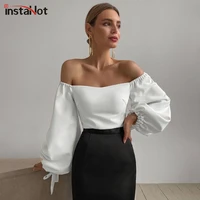 instahot elegant women crop top off the shoulder blouse slim puff sleeve solid vintage autumn 2021 fashion casual shirts clothes