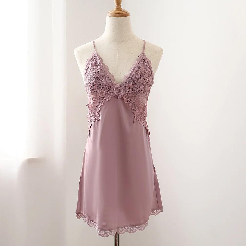 

Women Nightgown Sexy Patchwork Hollow Out Lace Sleepwear Home Dressing Gown Silk Satin Suspender Nightdress Bathrobe Homewear