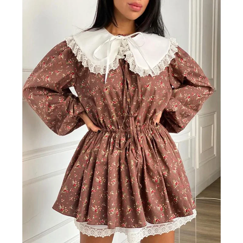 

new Peter Pan Collar Dresses Women Fashion A Line Fold Mini Dress Women Elegant Floral Printed Dresses Female Ladies