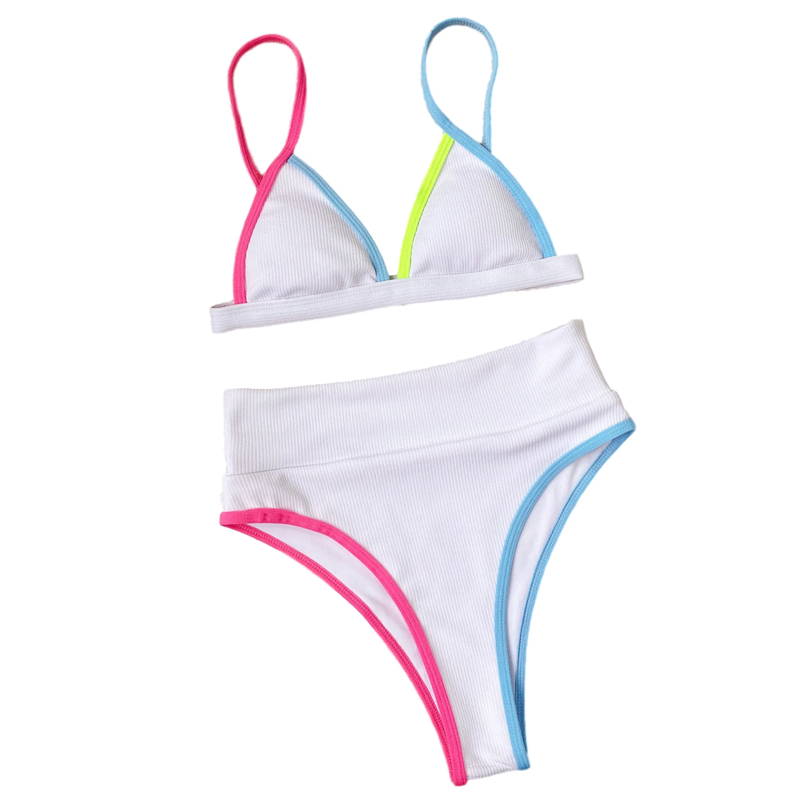 

Foohoostore Women Solid Color Bikini Sets Color Stripe Trim Triangle Bra + High Waist Thong Sexy Tankini Swimsuit