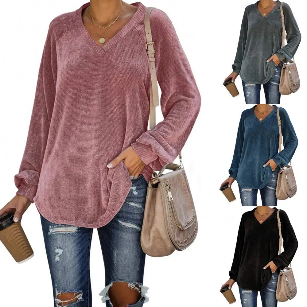 

Женская Вельветовая рубашка с длинным рукавом-фонариком и V-образным вырезом