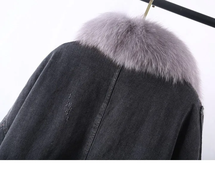 Зимнее пальто из джинсовой ткани с натуральным лисьим меховым воротником куртка с мехом кролика рекс Новая Модная парка толстый помпон из натурального меха пальто