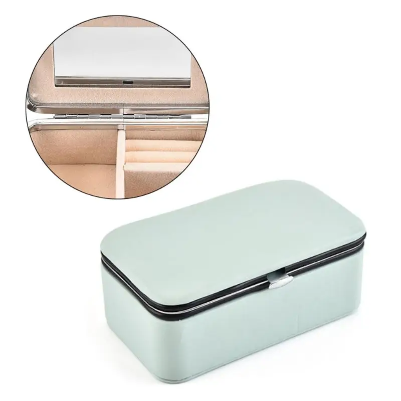

Portable Travel Case with Makeup Mirror Multifunctional Jewelry Box Necklace Earrings Grids Display Storage Organizer