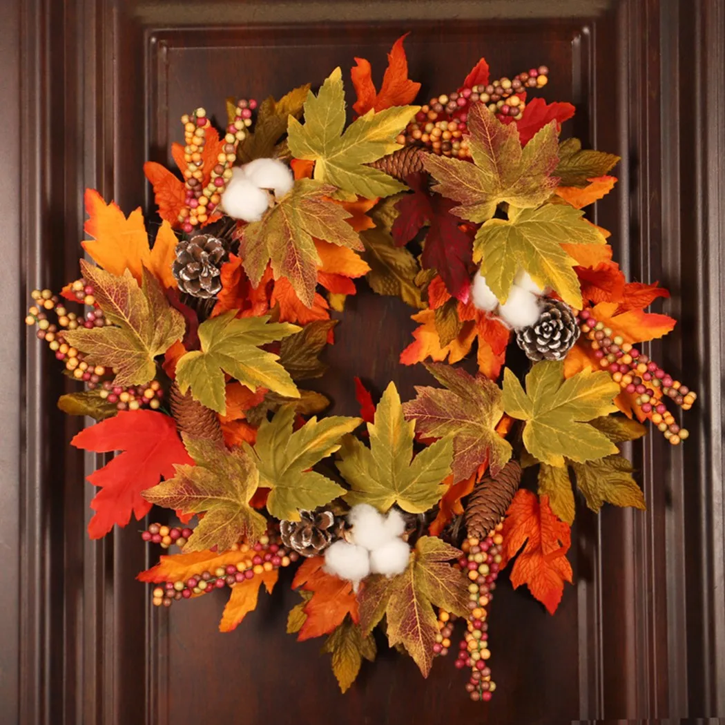 

Wreath Ring House Artificial Sunflower Christmas Large Fall Hanger Rattan Pumpkin Maple Leaf Decoration Wreath Door 17.71in