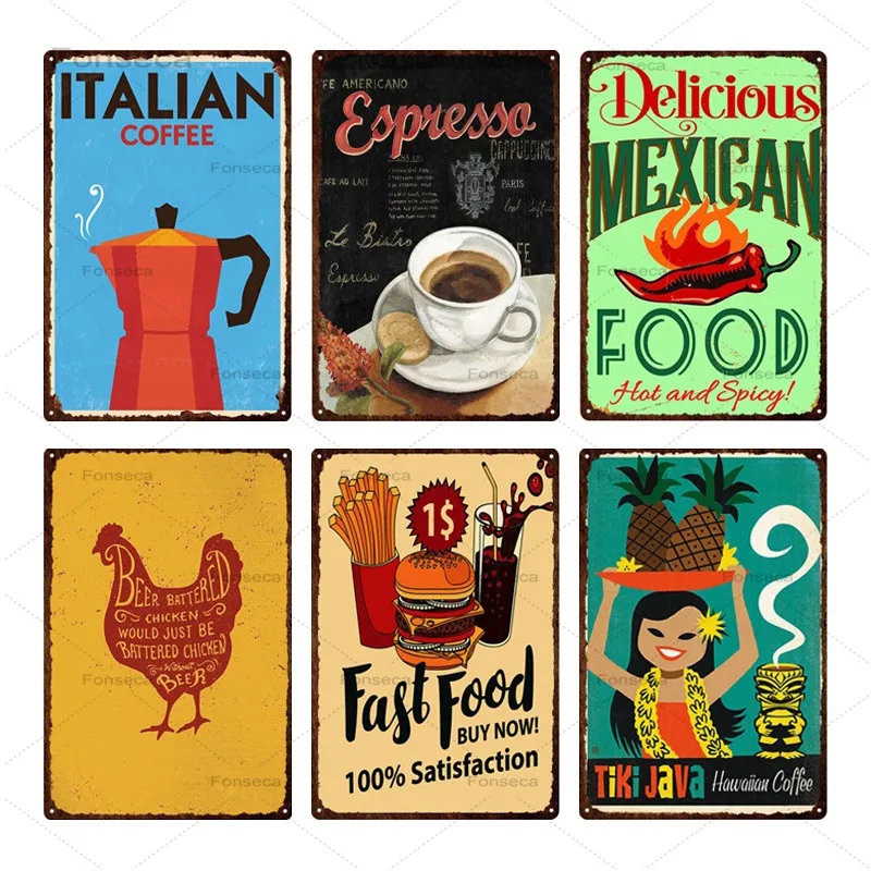Винтажный кофейный знак фаст-фуд Оловянная живопись металлический фон для