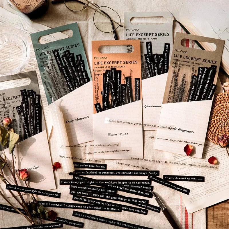 

40Pcs/Set Retro Long Strip Sticker Pack Life Excerpt Famous Sentence Literary Planner Material Decorative Stationery Stickers