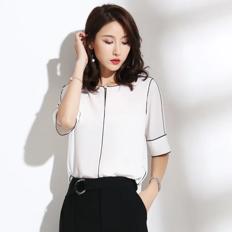 

2021 Summer New Korean Fashion Chiffon Shirt Straight Contrast Color Scheming Beaded Temperament Top Women