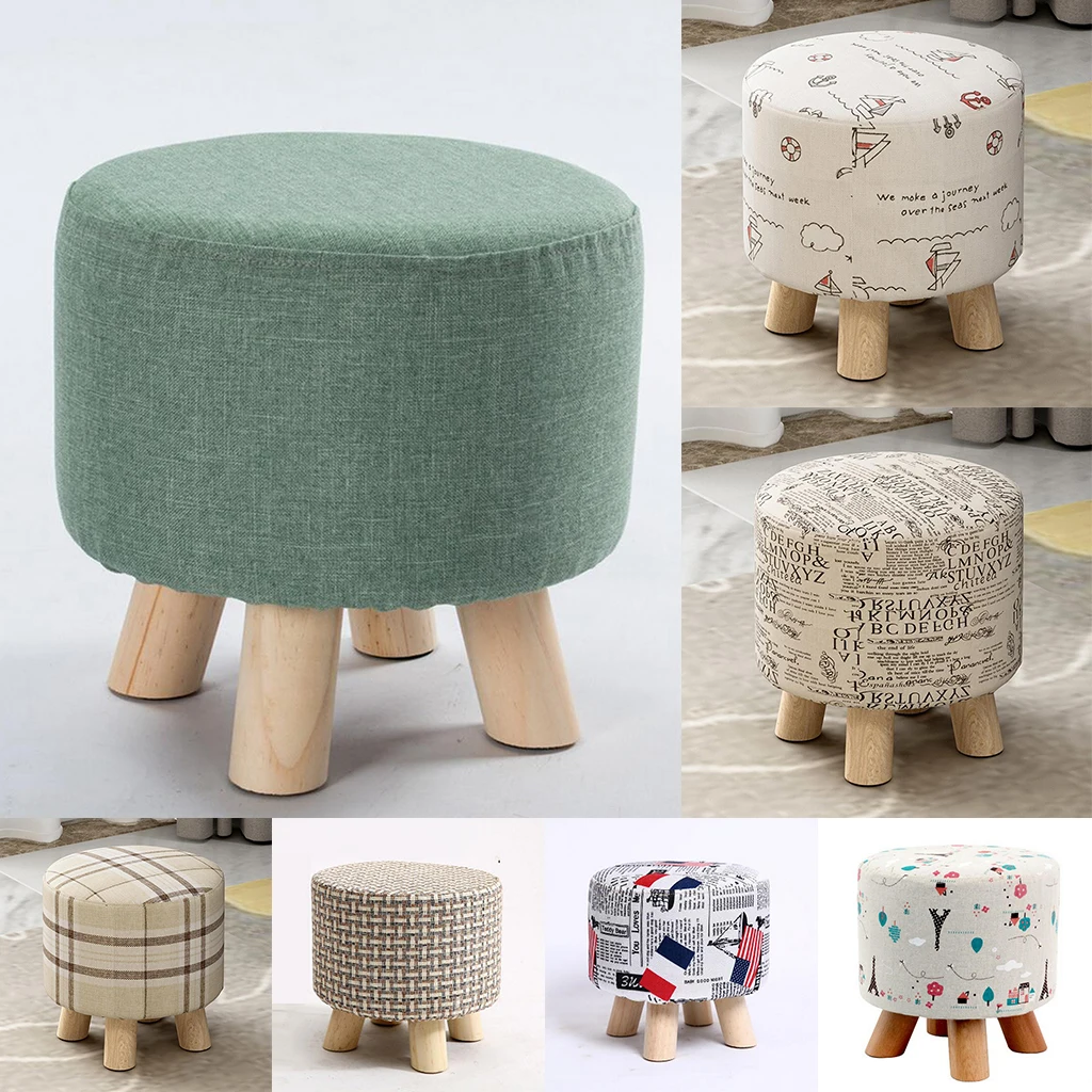 

Round Linen Fabric Pouf Footstool Cover Wooden Stool Slipcover,14 Color or