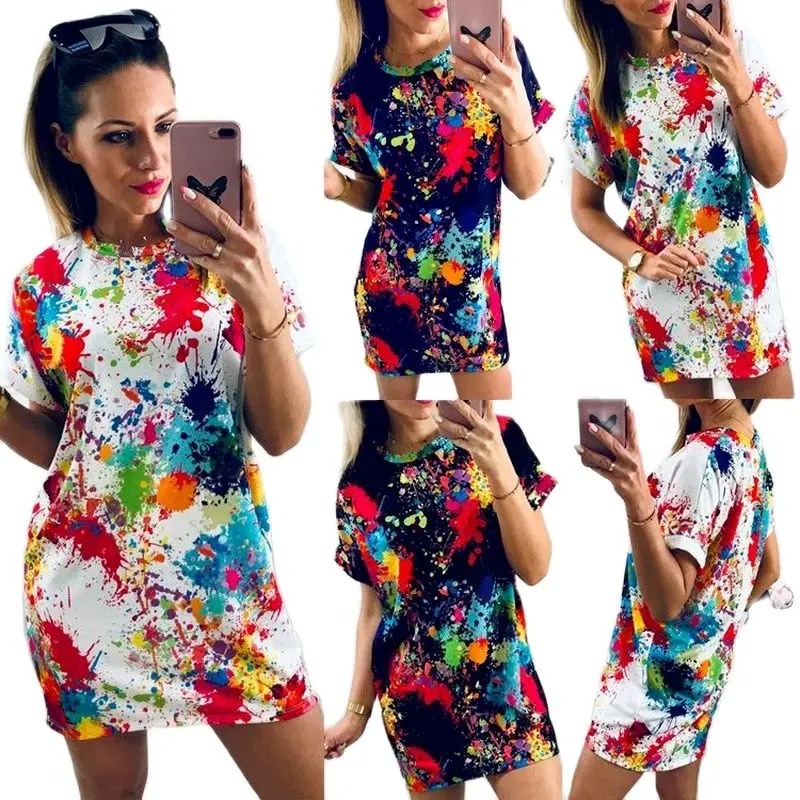 

2021 Spring New Women's Short Sleeve Color Ink Splashing Round Neck Casual Pullover Dress Dresses Women Mini Dress Regular