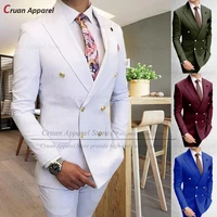 double breasted white men suit gold buttons slim fit 2 piece wedding groom tuxedo fashion prom business costume jacket pants set