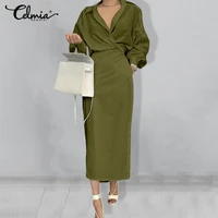women dress celmia fashion long sleeve lapel shirt maxi dresses solid casual loose elegant long robe with belted work vestidos