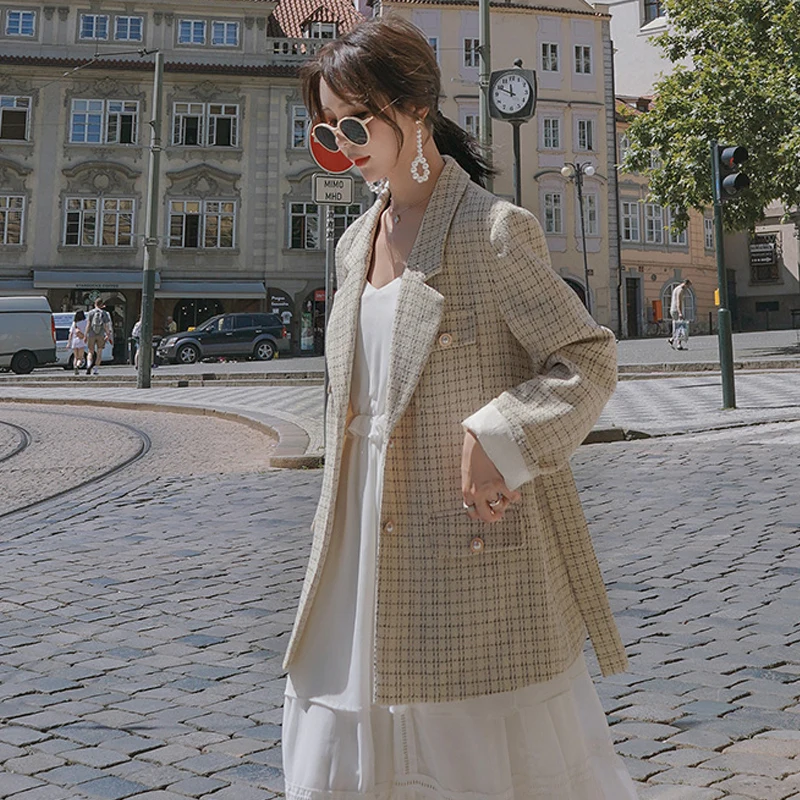 Куртка из твида абрикосовый плед осень / зима женская повседневная куртка с