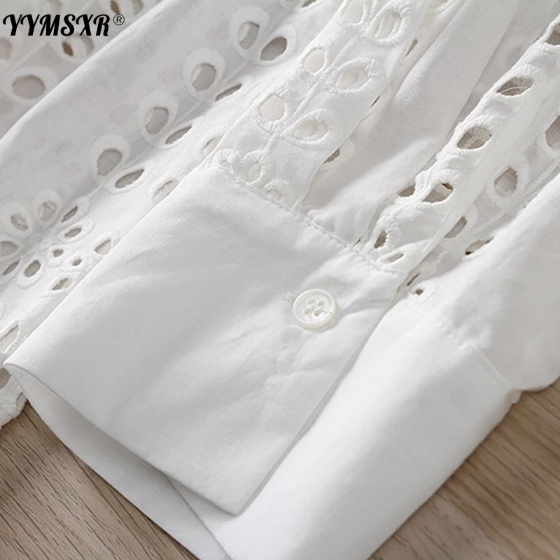 

YYMSXR Za 2021 Spring Summer Women White Sexy Hollow Shirt Midi Dress Chic Embroidery Long Sleeve Beach Dresses Ladies Vestidos