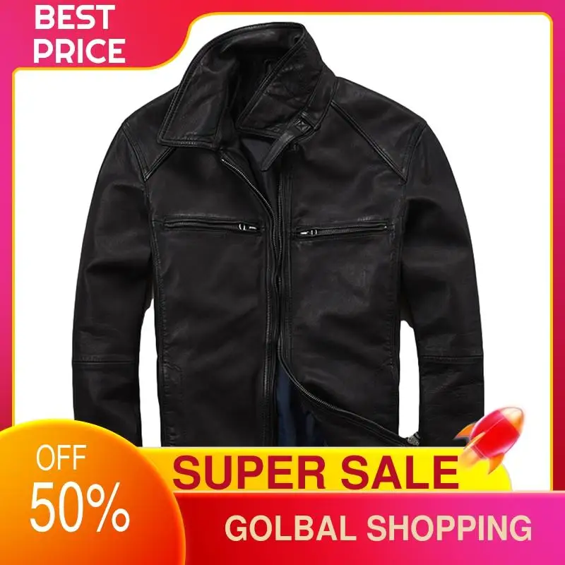 

2021 Black Casual Style Genuine Leather Jacket Men Plus Size 3XL Real Natural Soft Sheepskin Slim Fit Autumn Coat
