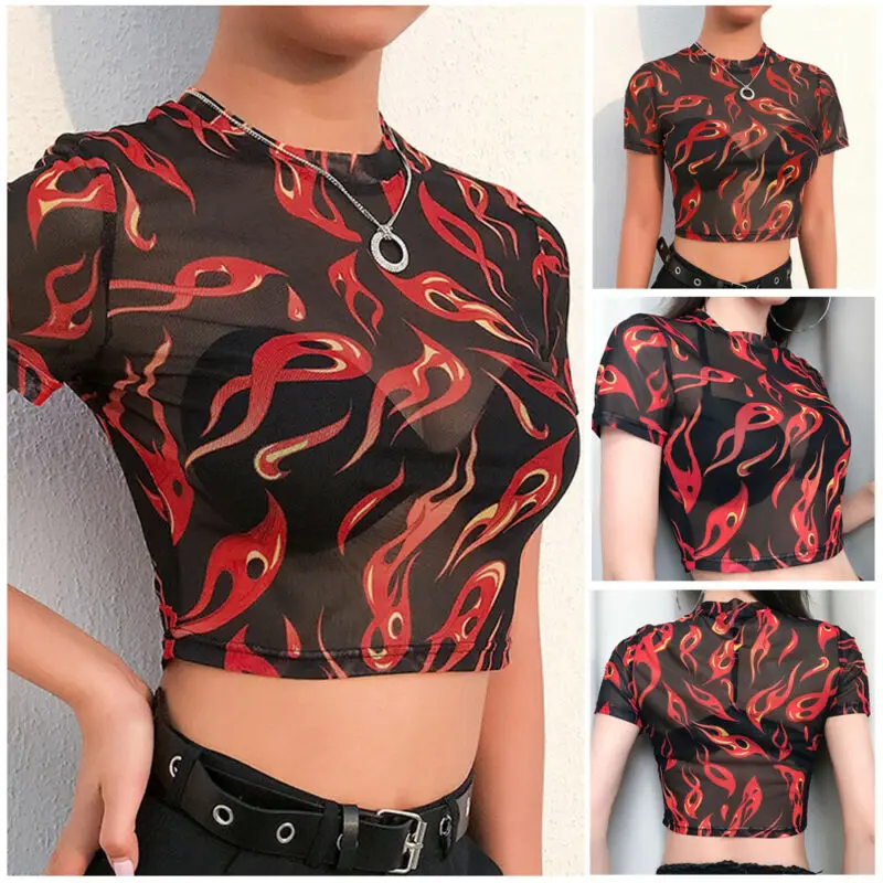 

Women's Sheer Mesh Fish Net Short Sleeve Bodycon See Crop Top T-Shirt Blouse