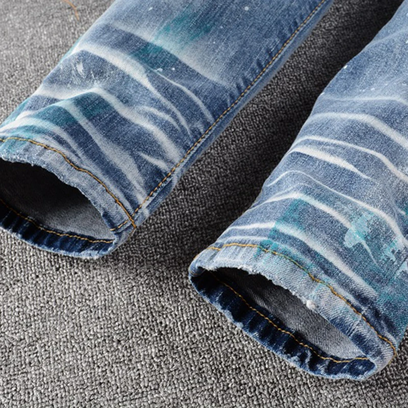 

Men's painted holed ripped jeans Trendy streetwear skinny slim stretch denim pants