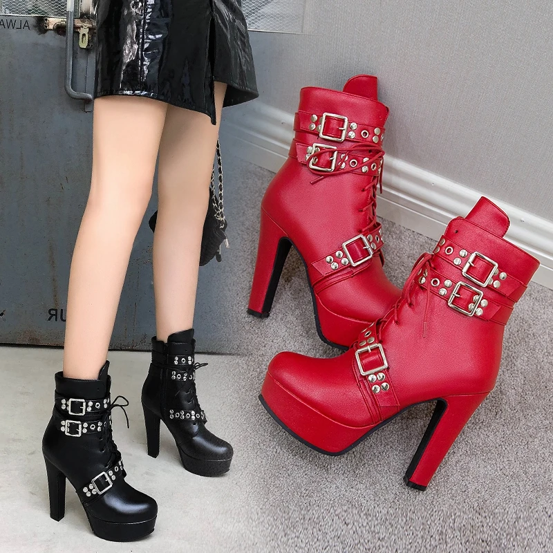 

Plus size 50 Fashion Ankle Boots Women PU Leather Short Boots Sexy Extreme High Heels Platform Wedding Party Shoes Woman 3996