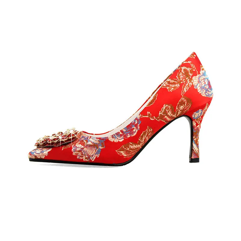 

wedding shoes women Embroidered flower shoes complex classical thick-heeled bridal shoes High-heeled big red single shoes