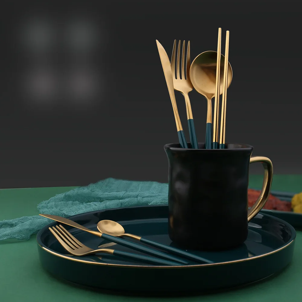 Зеленая Золотая ложка в скандинавском стиле из нержавеющей стали вилка нож